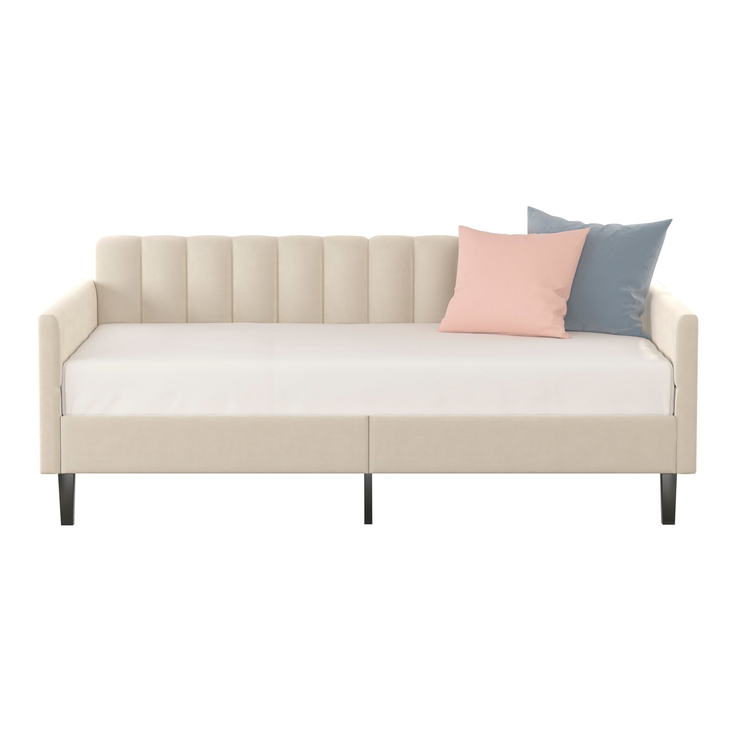 Twin Size Beige Velvet Upholstered Daybed, Ribbed Tufted Backrest