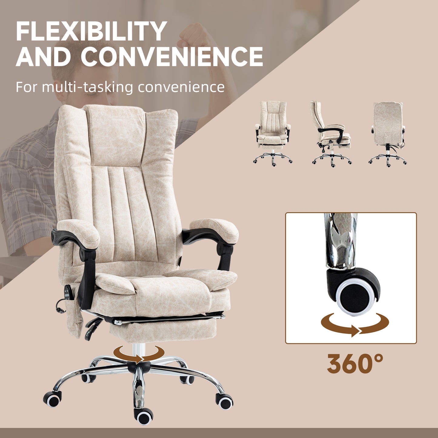 Office Chair, High Back Computer Chair with 6 Point Massage, Heat, Adjustable Height and Retractable Footrest, Cream White