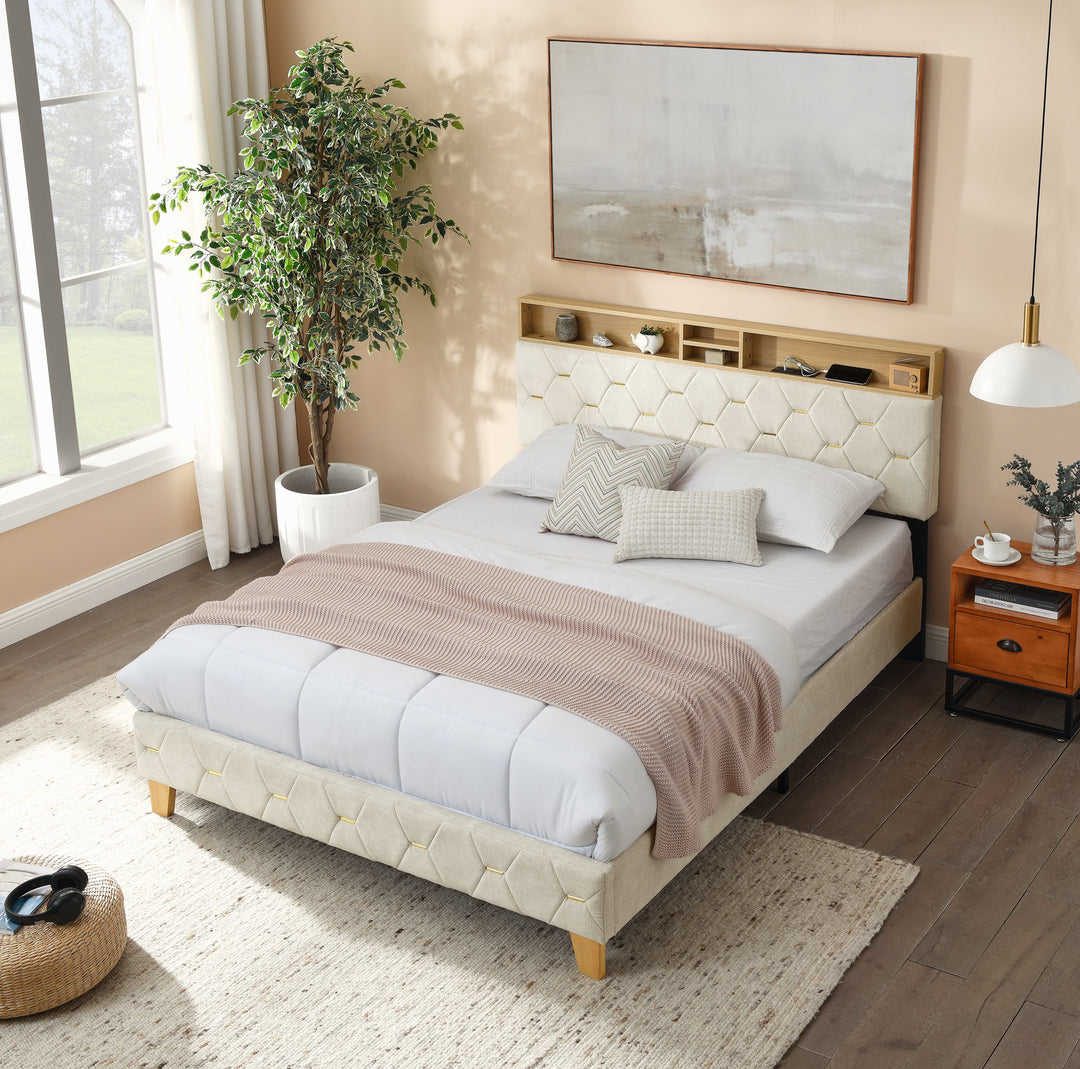 Queen Size Bed Frame, Shelf Upholstered Headboard, Platform Bed with Outlet & USB Ports Beige