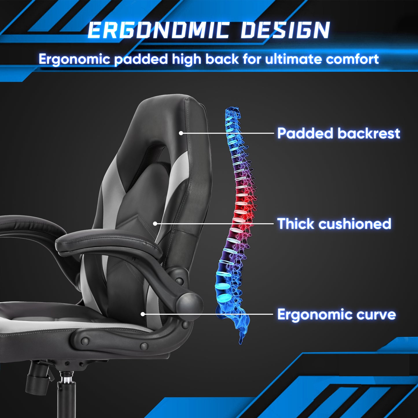 Gaming Chair - PU Leather Computer Chair Ergonomic Office Chair with Lumbar Support, Height Adjustable Rolling Desk Chairs with Flip-up Armrests