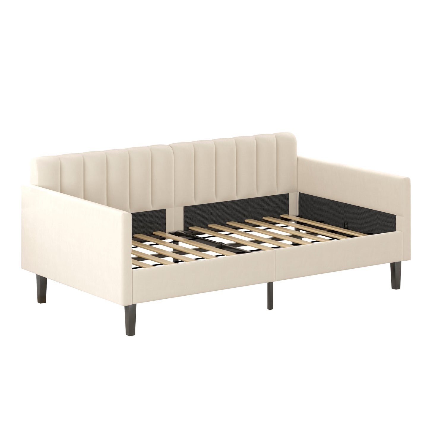 Twin Size Beige Velvet Upholstered Daybed, Ribbed Tufted Backrest