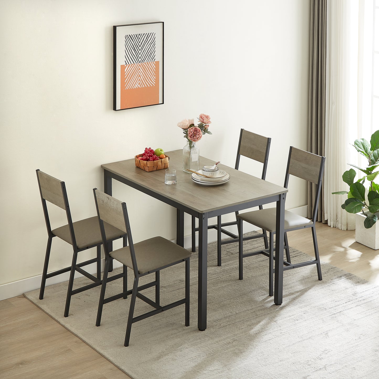 Dining Set for 5 Kitchen Table with 4 Upholstered Chairs, Grey