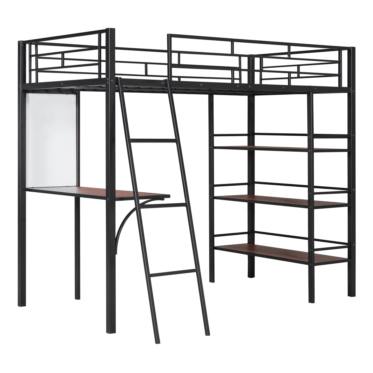 Twin Size Loft Metal Bed with 3 Layers of Shelves and Desk, Stylish Metal Frame Bed with Whiteboard, Black