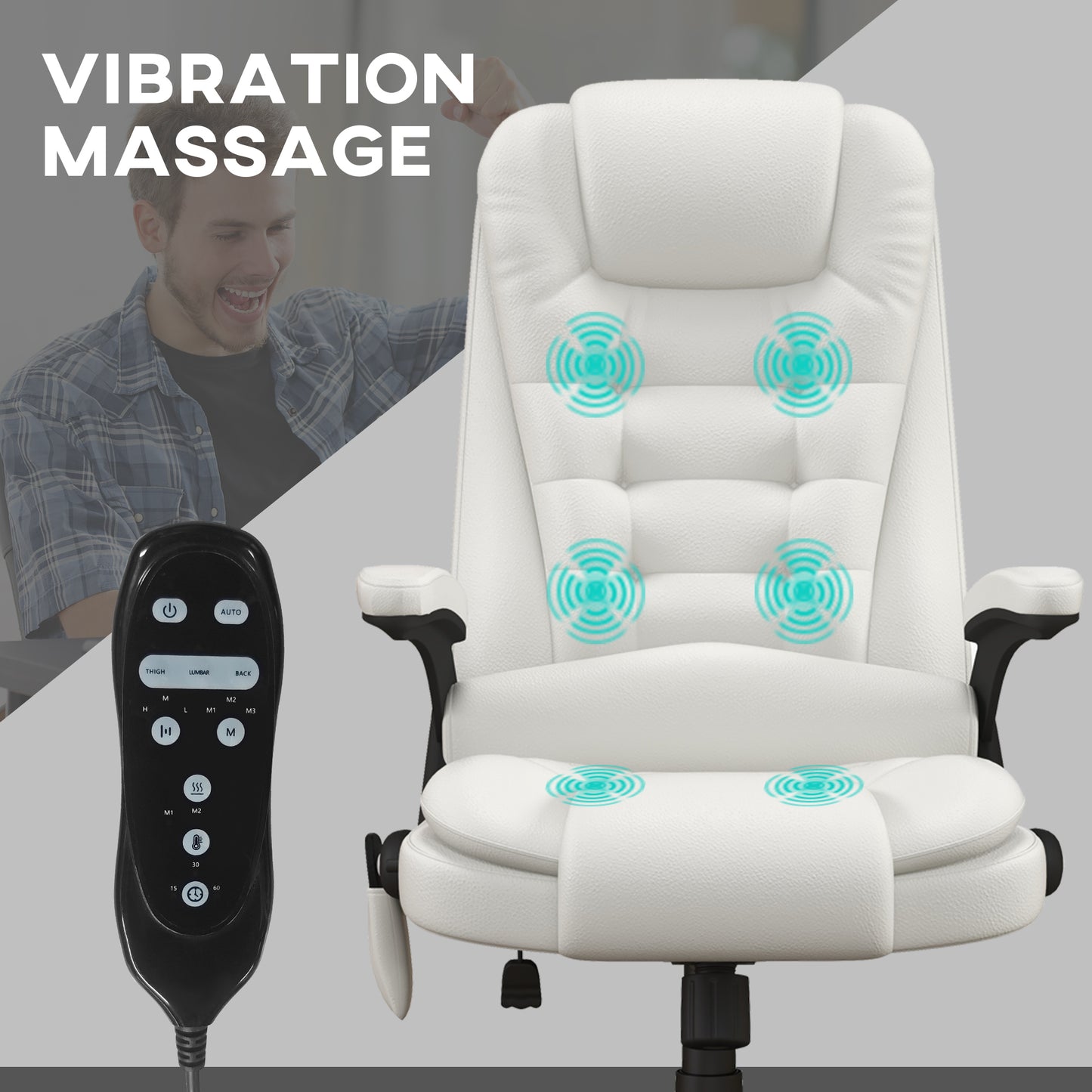 High Back Vibration Massage Office Chair with 6 Vibration Points, Heated Reclining PU Leather Computer Chair with Armrest and Remote, White