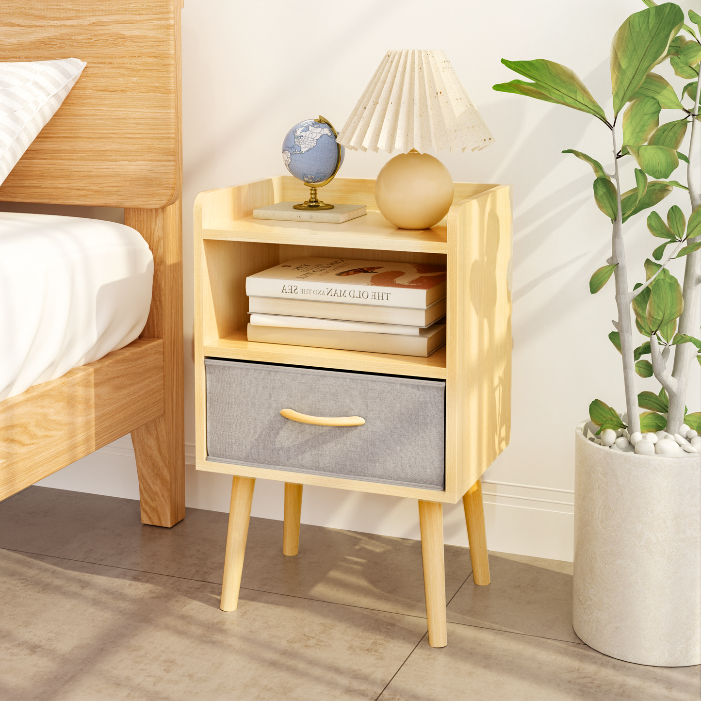 Nightstand With Collapsible Fabric Drawer, 2-Tier Storage End Table - Oak