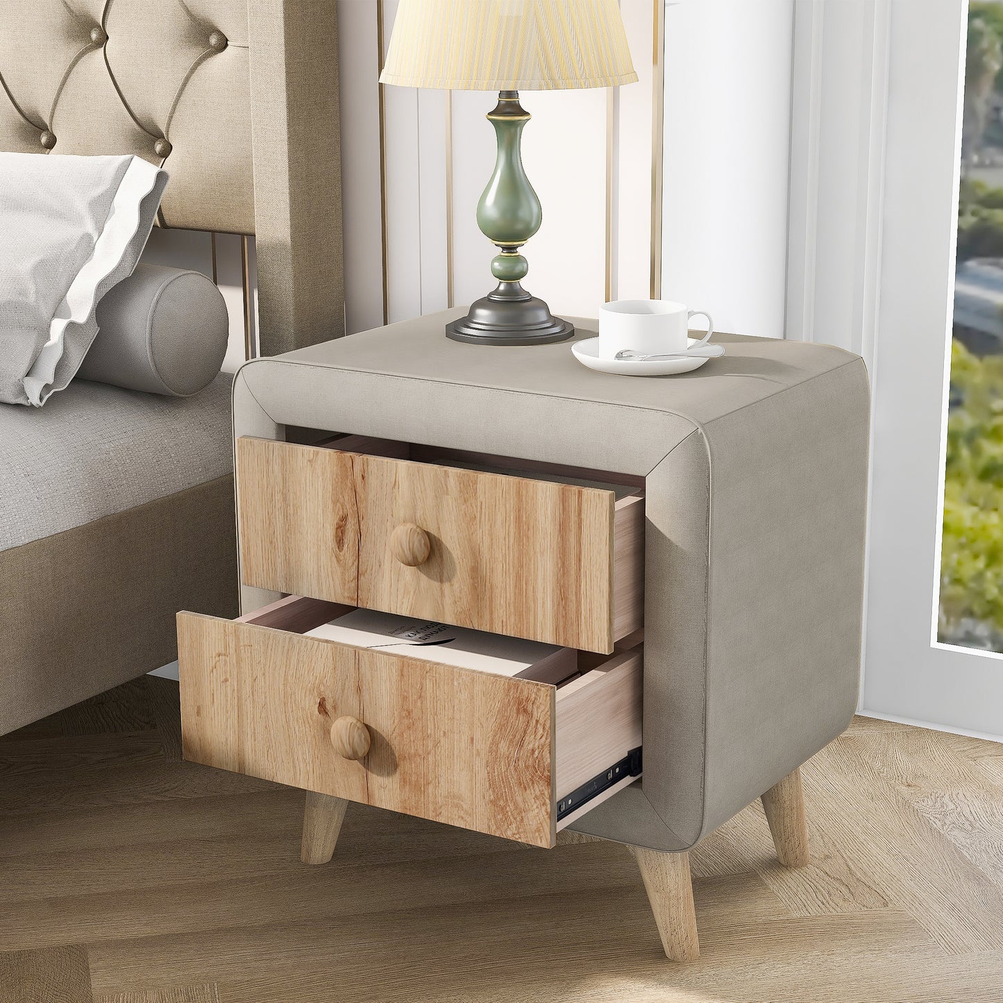 Upholstered Wooden Nightstand with 2 Drawers,Wood Leg-Beige