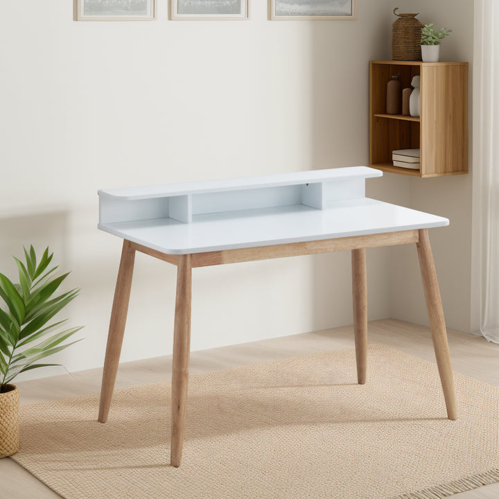 Modern Wood Writing Desk with Hutch, White