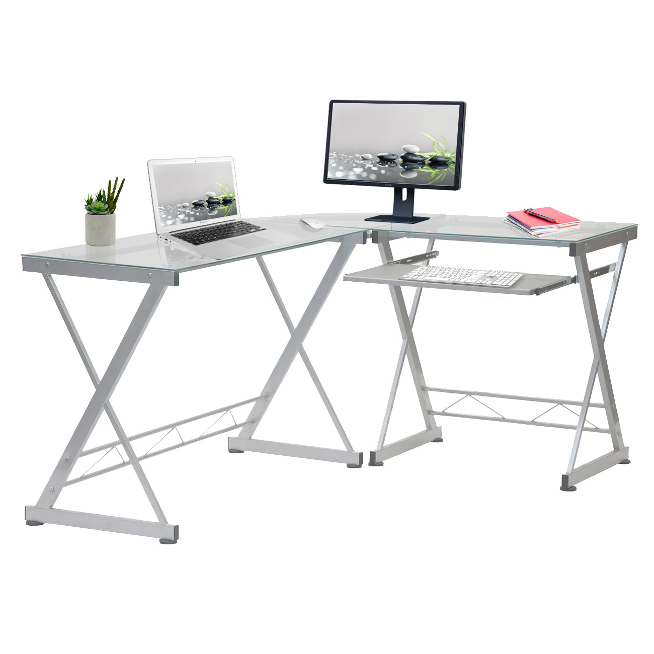 L-Shaped Tempered Glass Top Computer Desk with Pull Out Keyboard Panel, Clear