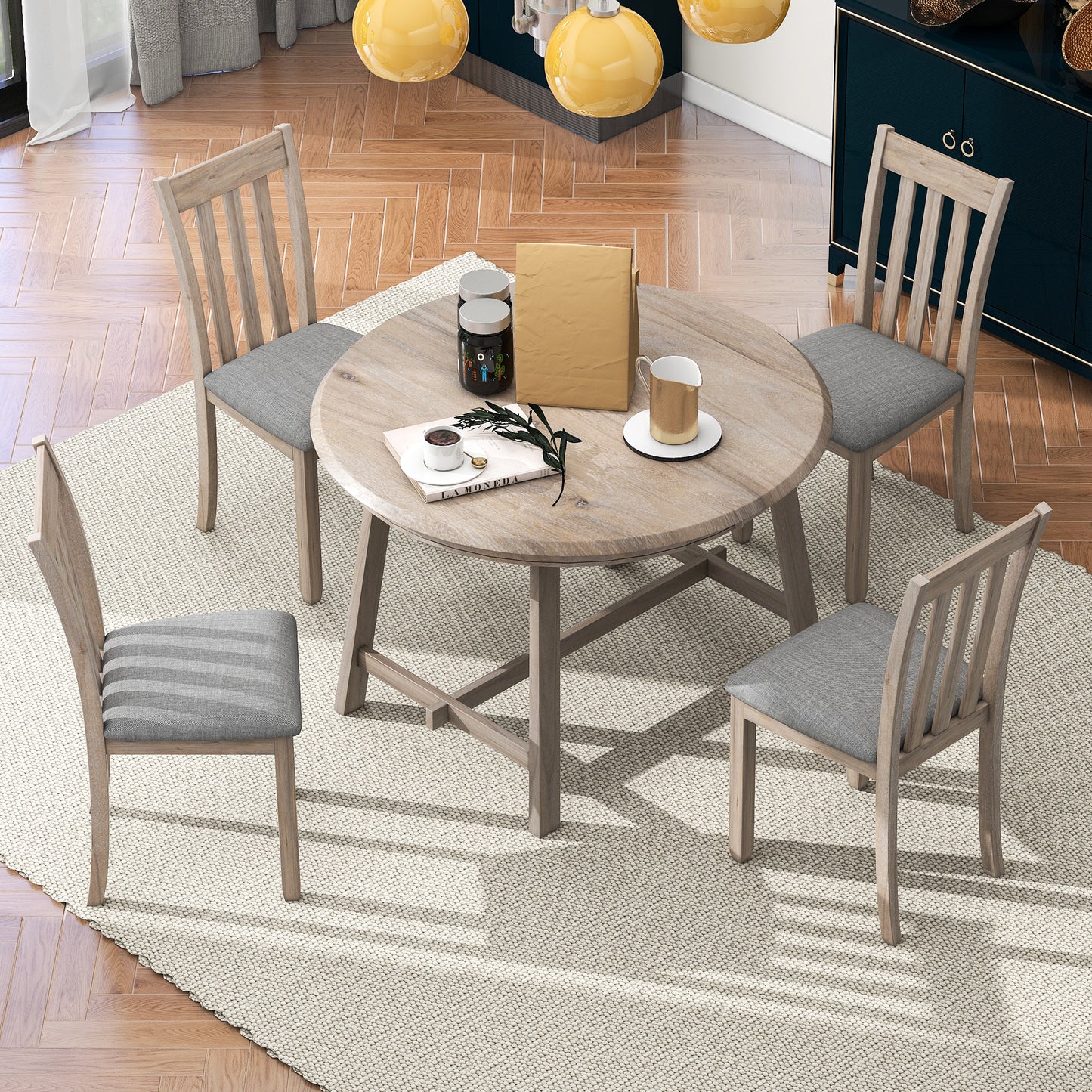 5-Piece Wood Dining Table Set Round Extendable Dining Table with 4 Dining Chairs, Dining Room Table Set for 4 person for Dining Room (Natural Wood Wash)