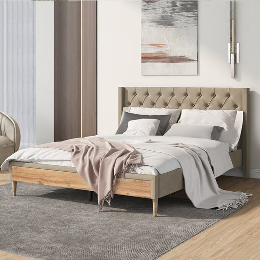 Platform Bed with Rubber Wood Legs,No Box Spring Needed-Beige