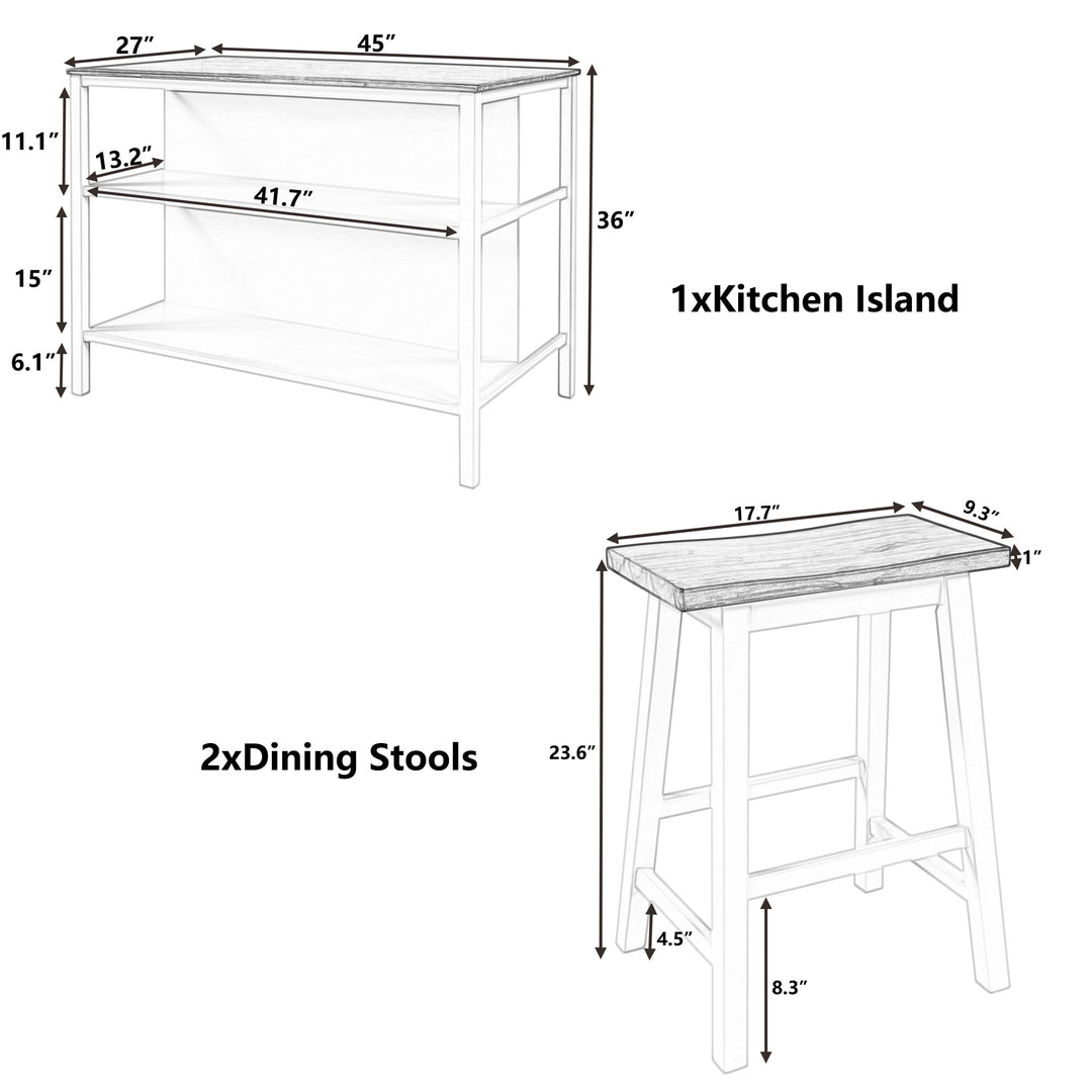 Solid Wood Rustic 3-piece 45" Stationary Kitchen Island Set with 2 Seatings, Rubber Wood