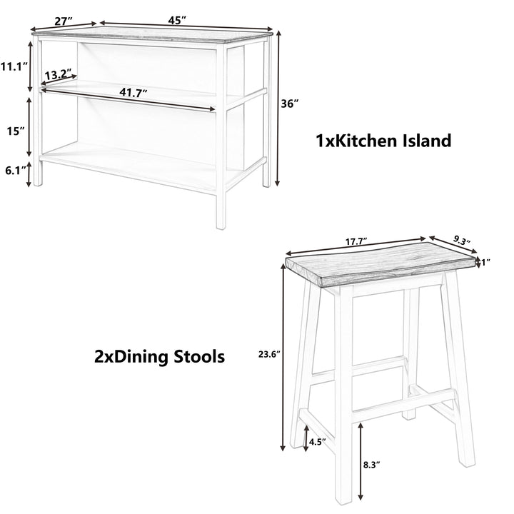 Solid Wood Rustic 3-piece 45" Stationary Kitchen Island Set with 2 Seatings, Rubber Wood