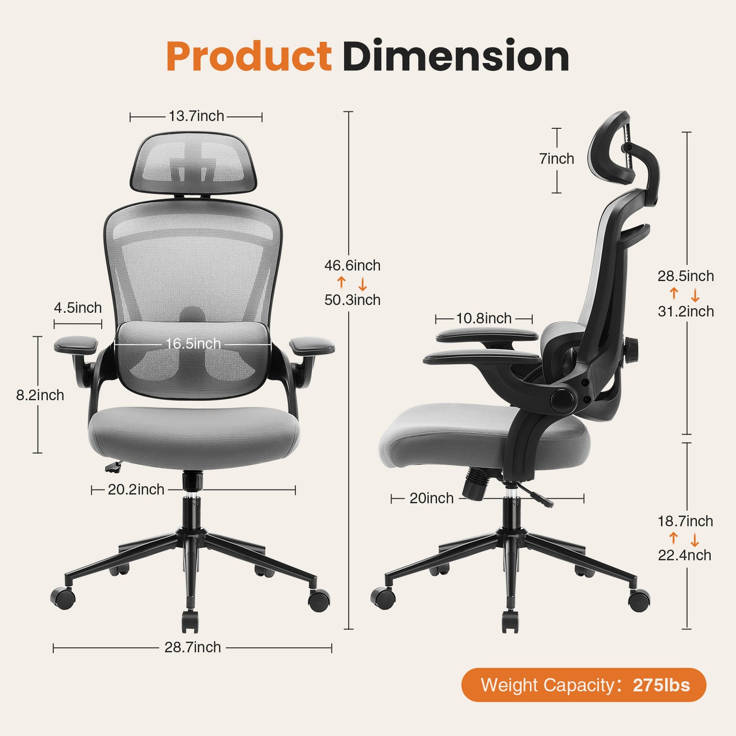 High Back Desk Chair with Adjustable Lumbar Support & Headrest, Adjustable Height and 120°Tilt,gray