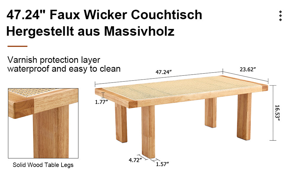 Modern and minimalist rectangular rattan tabletop with rubber wooden leg