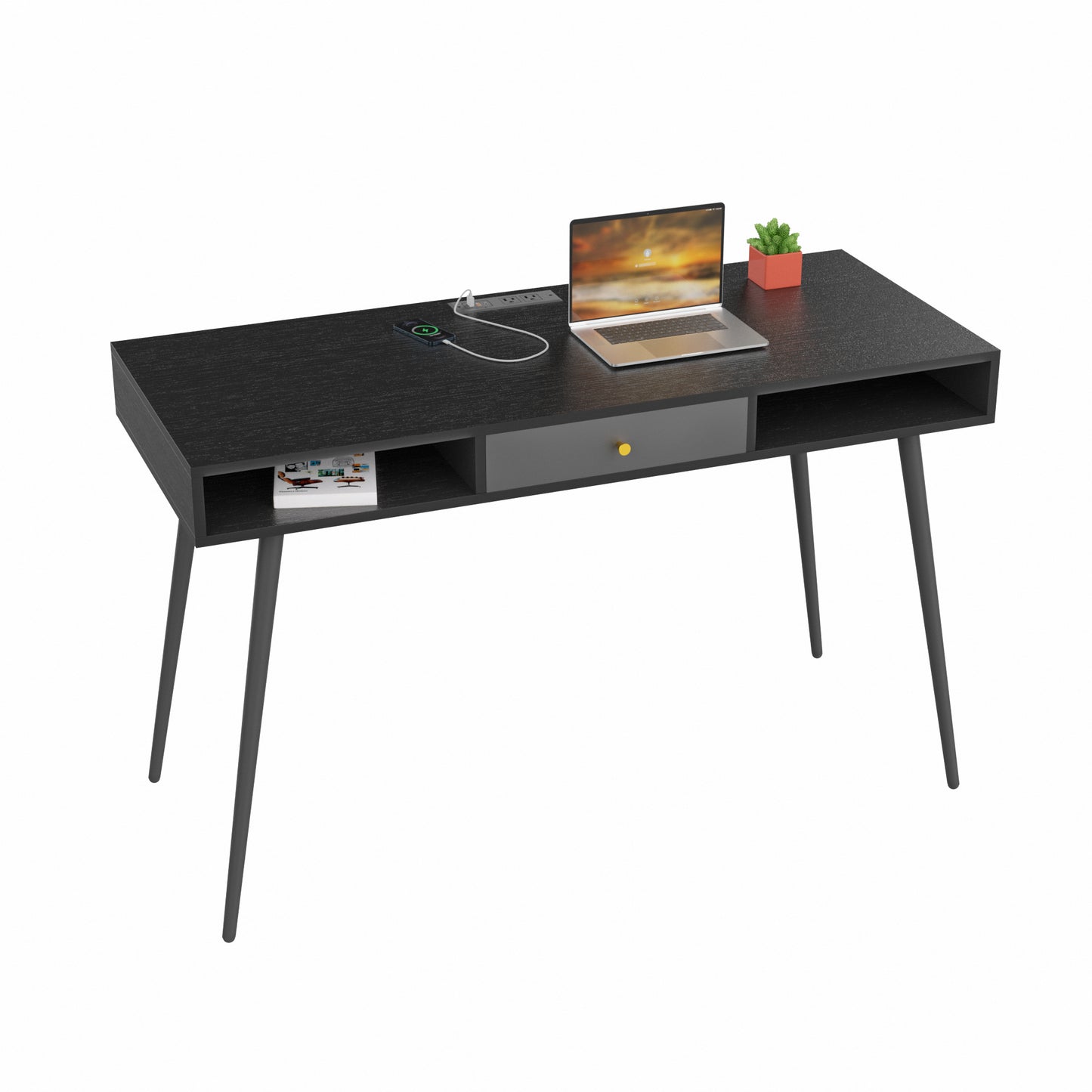 Mid Century Desk with USB Ports and Power Outlet,  Black