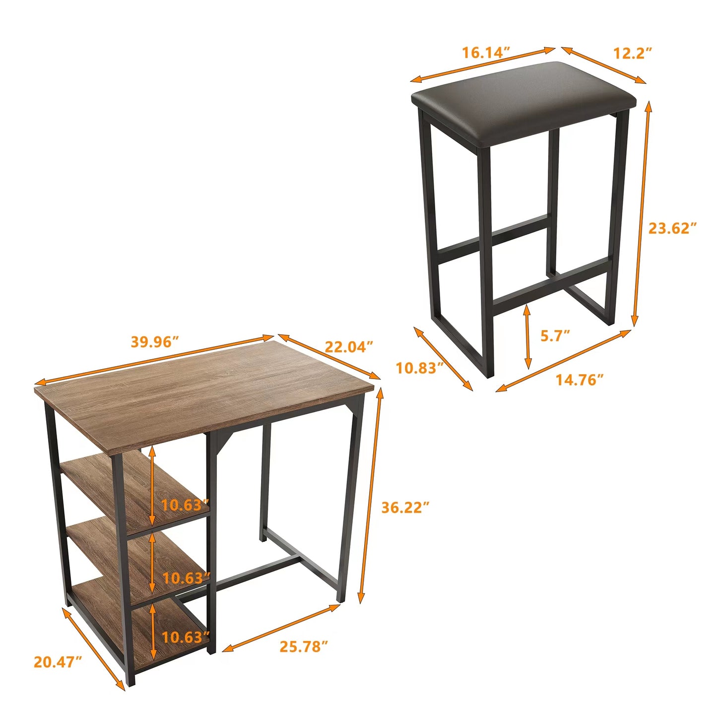 Modern 3-Piece Bar tabies and chairs  Set with 2 Chairs for Dining Room，Black Frame+Brown