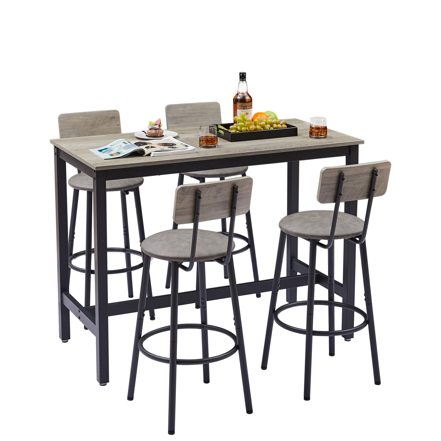 Bar Table Set with 4 Bar stools PU Soft seat with backrest, Grey