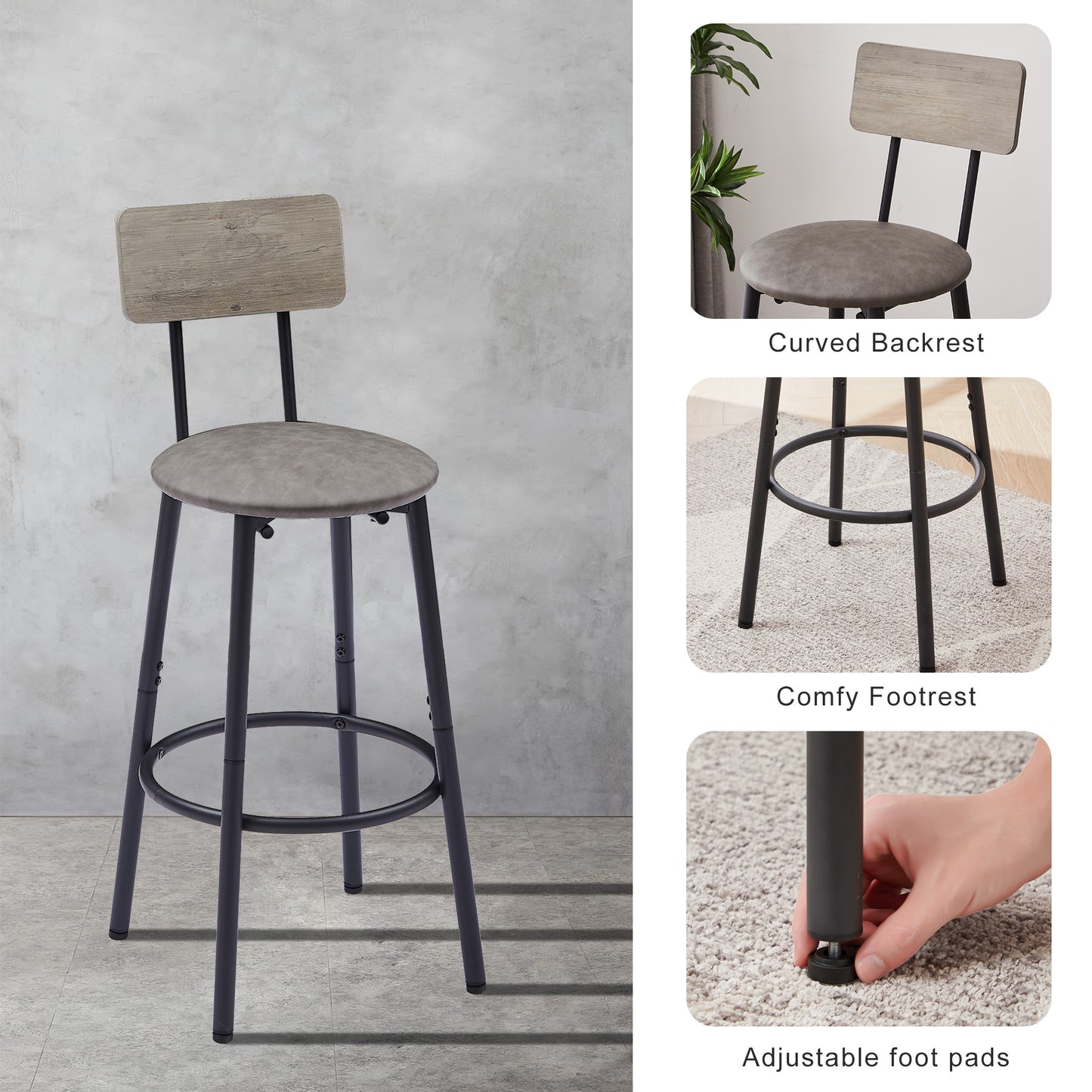 Bar Table Set with 4 Bar stools PU Soft seat with backrest, Grey