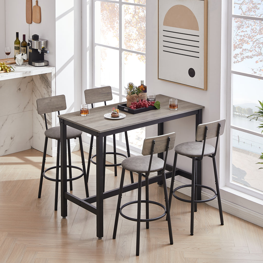 Bar Table Set with 4 Bar stools PU Soft seat with backrest, Grey