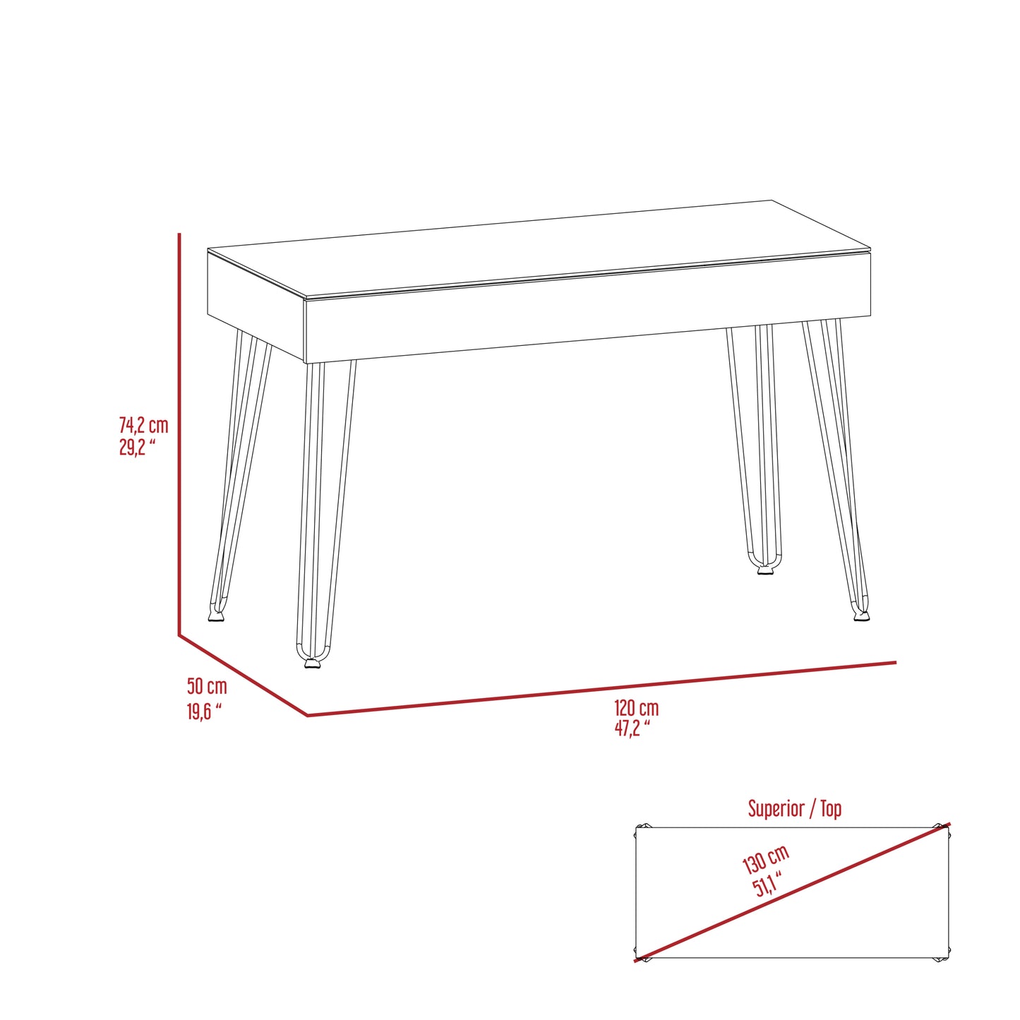 Drawer Desk, Four Legs, One Drawer -Mahogany