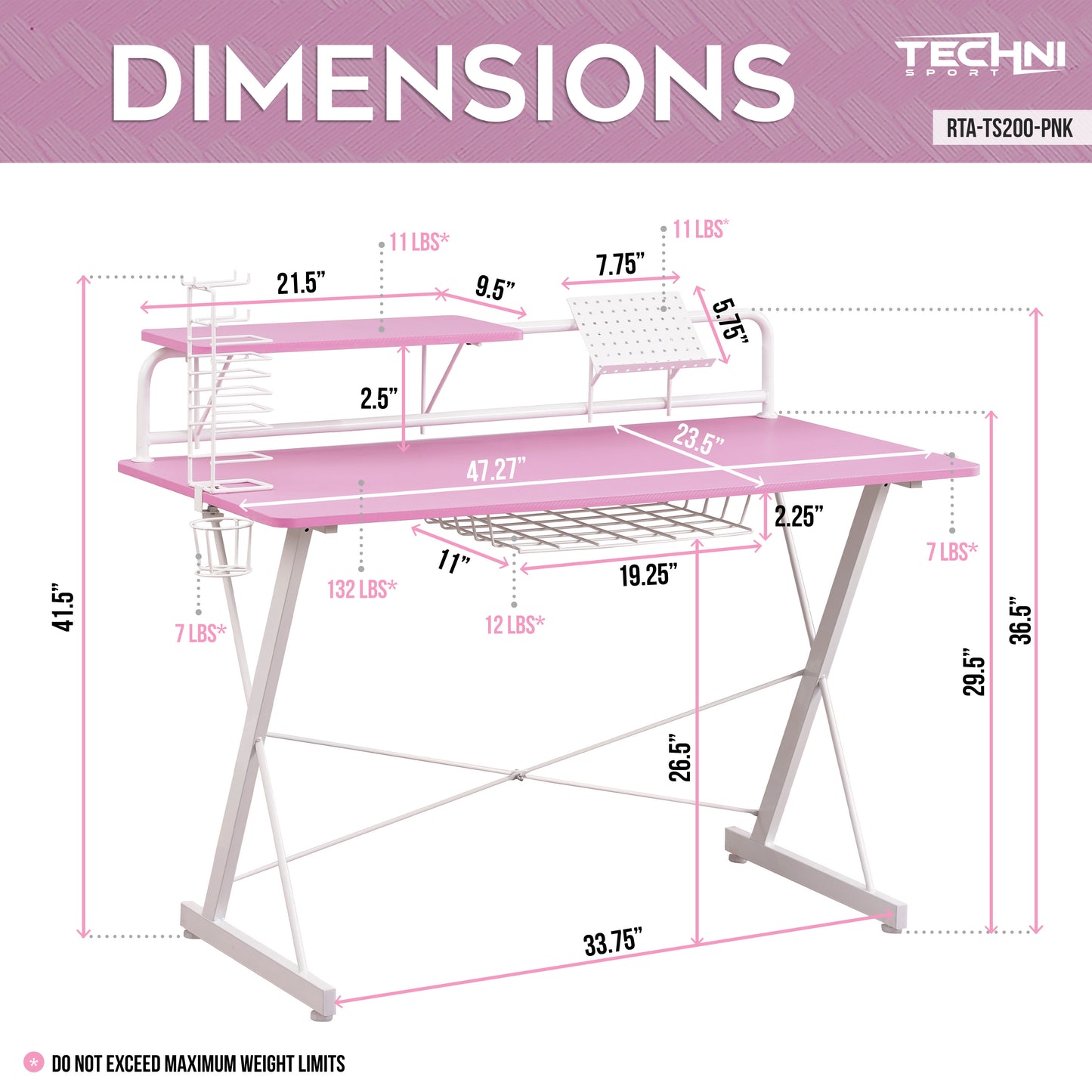 Carbon Computer Gaming Desk with Shelving, Pink