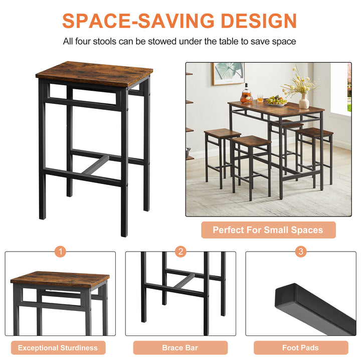 Bar table set 5PC Dinging table set with high stools, structural strengthening