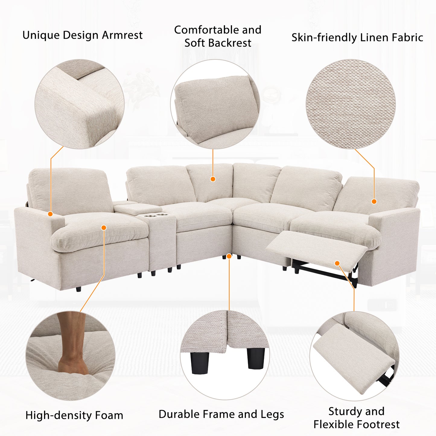 104'' Power Recliner Corner Sofa with Storage Box, Cup Holders, USB Ports and Power Socket, Beige