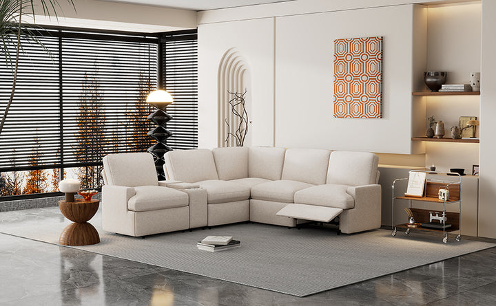 104'' Power Recliner Corner Sofa with Storage Box, Cup Holders, USB Ports and Power Socket, Beige