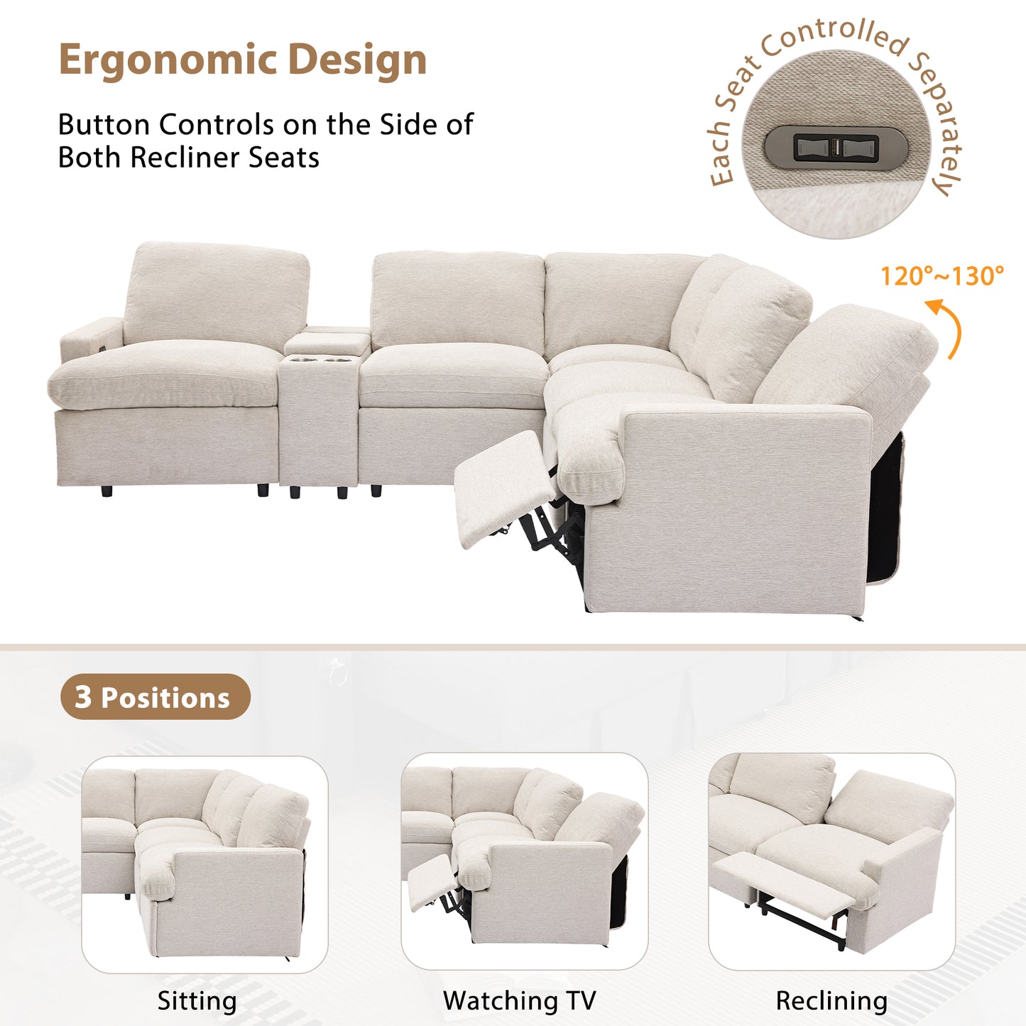 104'' Power Recliner Corner Sofa with Storage Box, Cup Holders, USB Ports and Power Socket, Beige