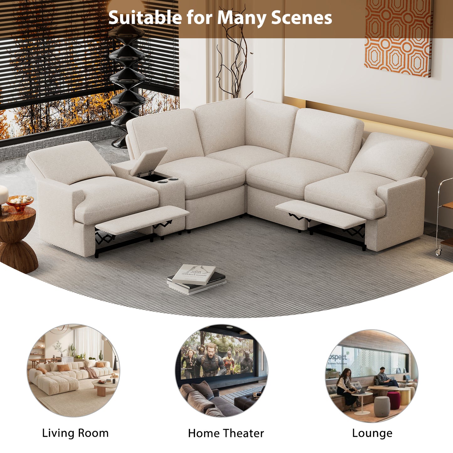 104'' Power Recliner Corner Sofa with Storage Box, Cup Holders, USB Ports and Power Socket, Beige