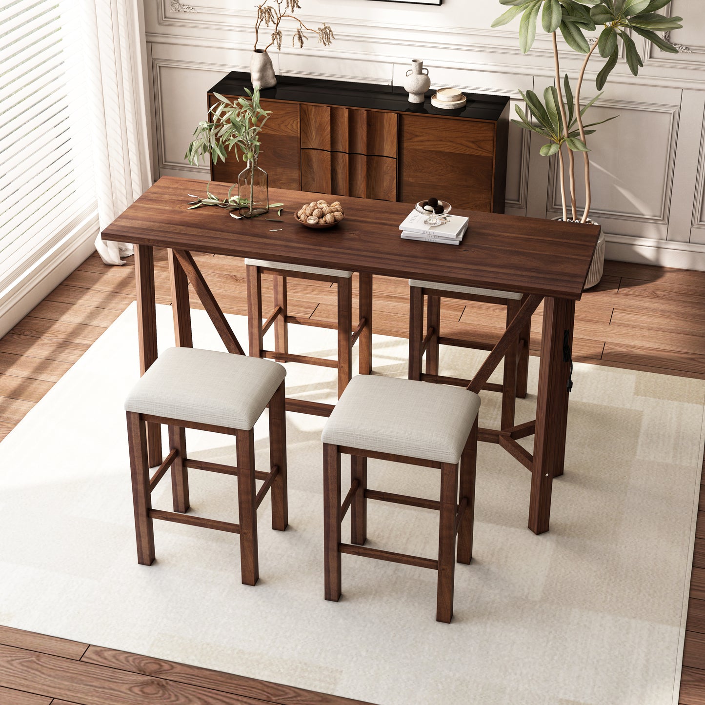 5-Piece Dining Table Set with Power Outlets,Bar Kitchen Table Set with Upholstered Stools, Easy Assemble, Walnut Table+Beige Stool