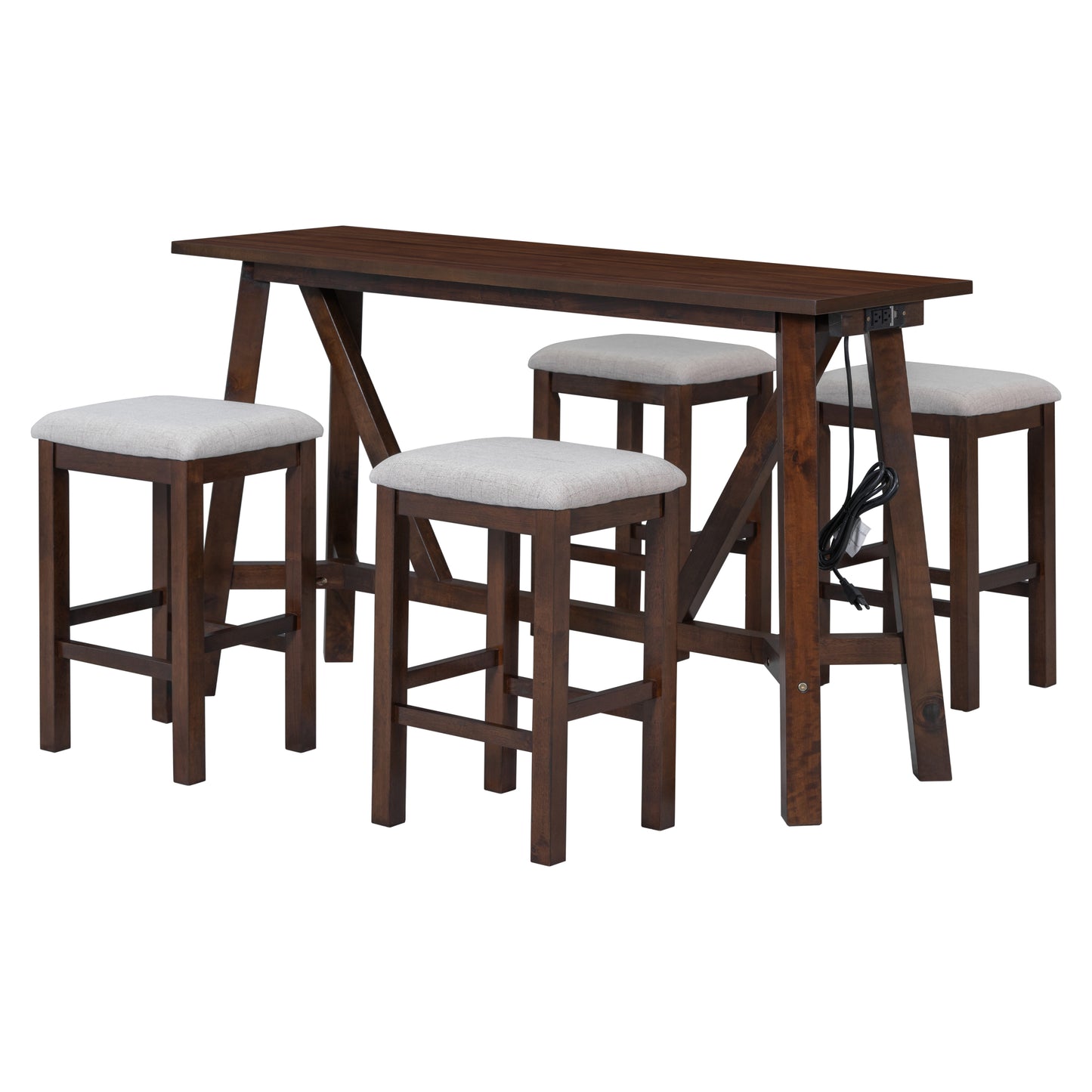 5-Piece Dining Table Set with Power Outlets,Bar Kitchen Table Set with Upholstered Stools, Easy Assemble, Walnut Table+Beige Stool