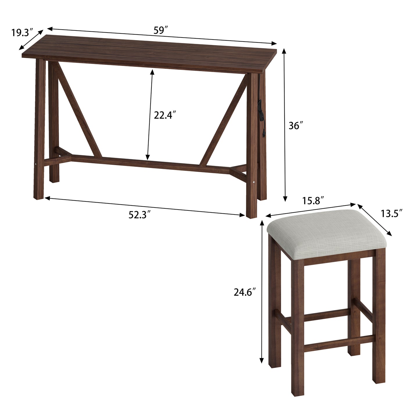 5-Piece Dining Table Set with Power Outlets,Bar Kitchen Table Set with Upholstered Stools, Easy Assemble, Walnut Table+Beige Stool