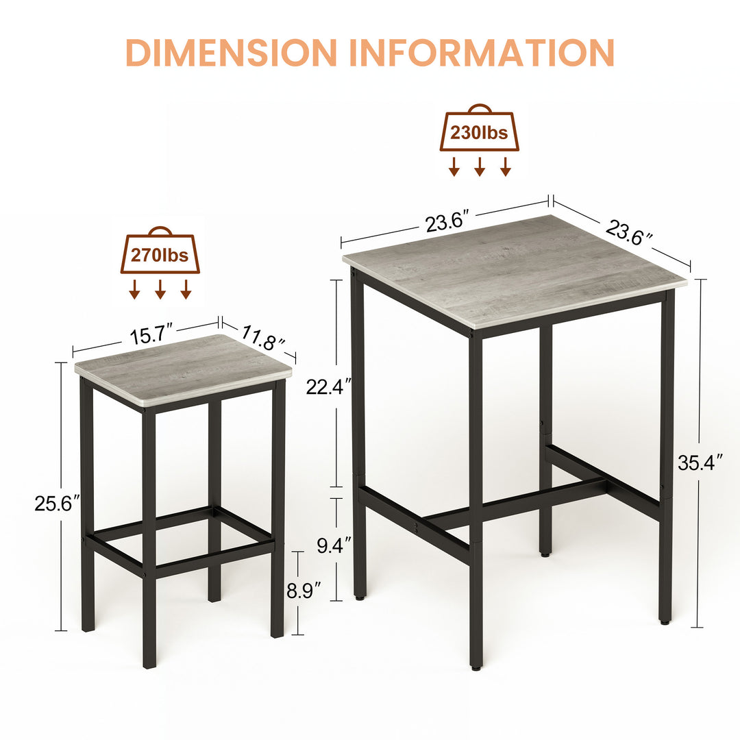 Bar Table Set, Square Bar Table with 2 Bar Chairs, Industrial Style Bar Chairs for Kitchen, Rustic Gray and Black