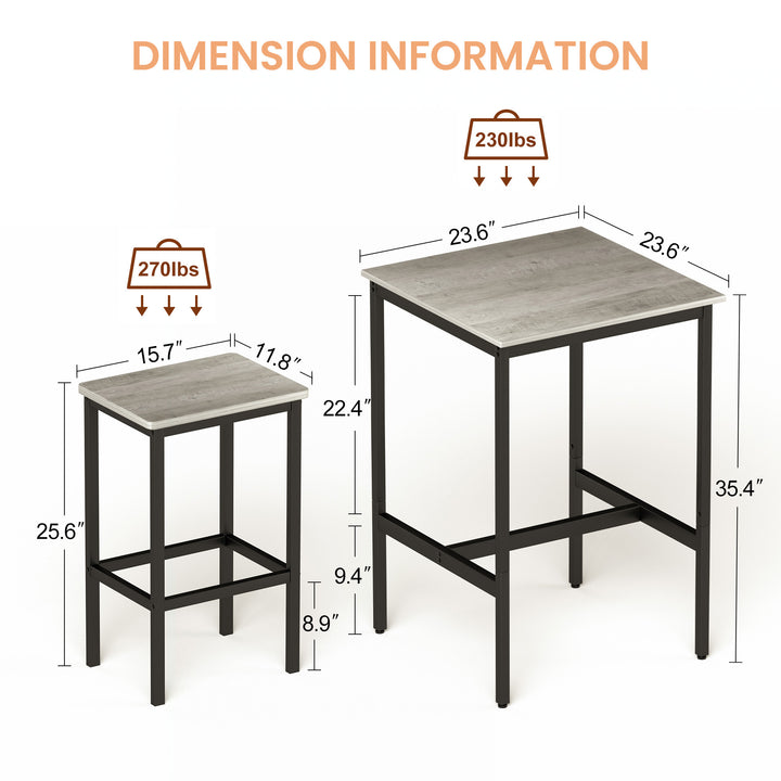 Bar Table Set, Square Bar Table with 2 Bar Chairs, Industrial Style Bar Chairs for Kitchen, Rustic Gray and Black