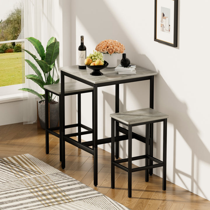 Bar Table Set, Square Bar Table with 2 Bar Chairs, Industrial Style Bar Chairs for Kitchen, Rustic Gray and Black