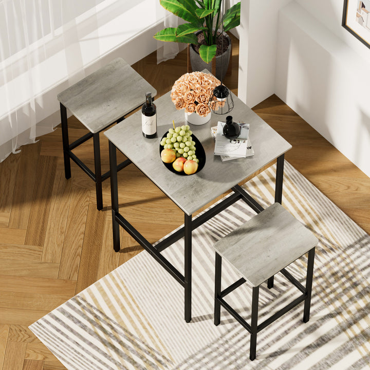 Bar Table Set, Square Bar Table with 2 Bar Chairs, Industrial Style Bar Chairs for Kitchen, Rustic Gray and Black