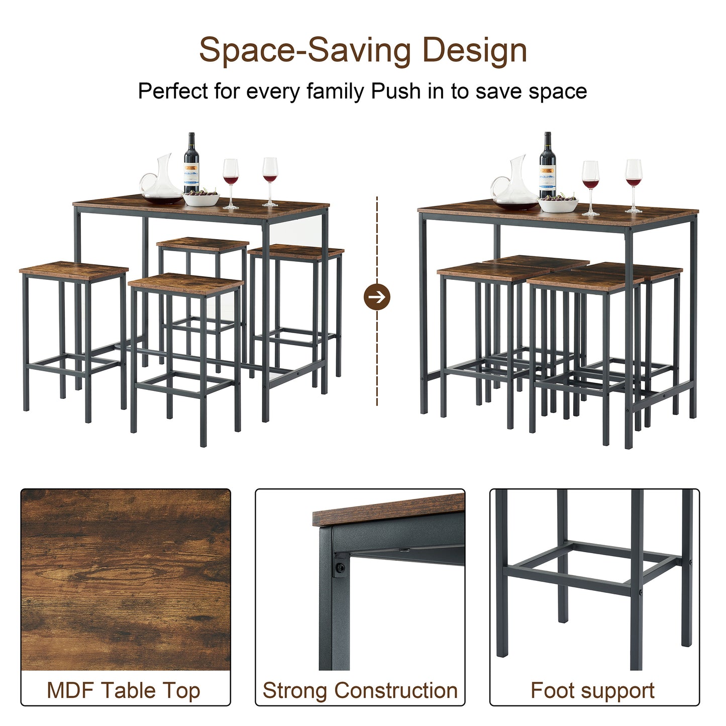 5PC Dinging table set with high stools, structural strengthening, industrial style.