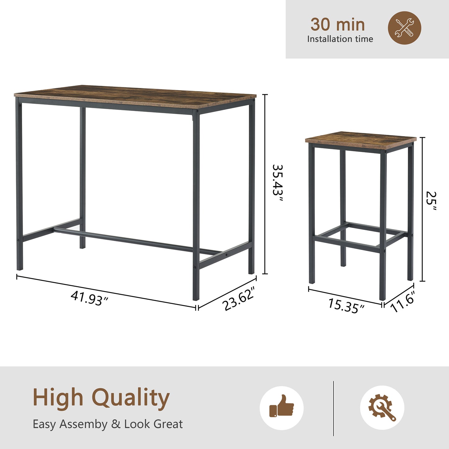 5PC Dinging table set with high stools, structural strengthening, industrial style.