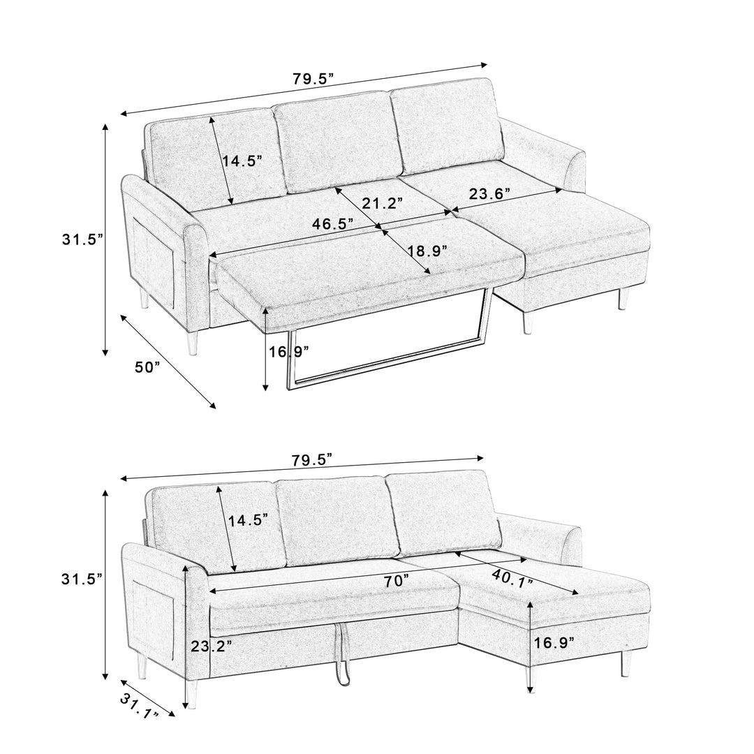 Adjustable L-Shaped Sofa Bed With Chaise Light Grey
