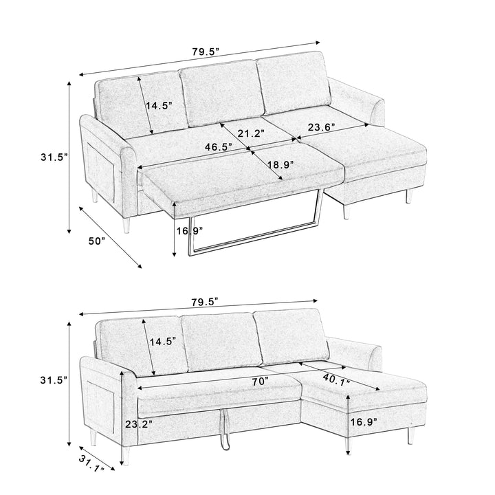 Adjustable L-Shaped Sofa Bed With Chaise Light Grey