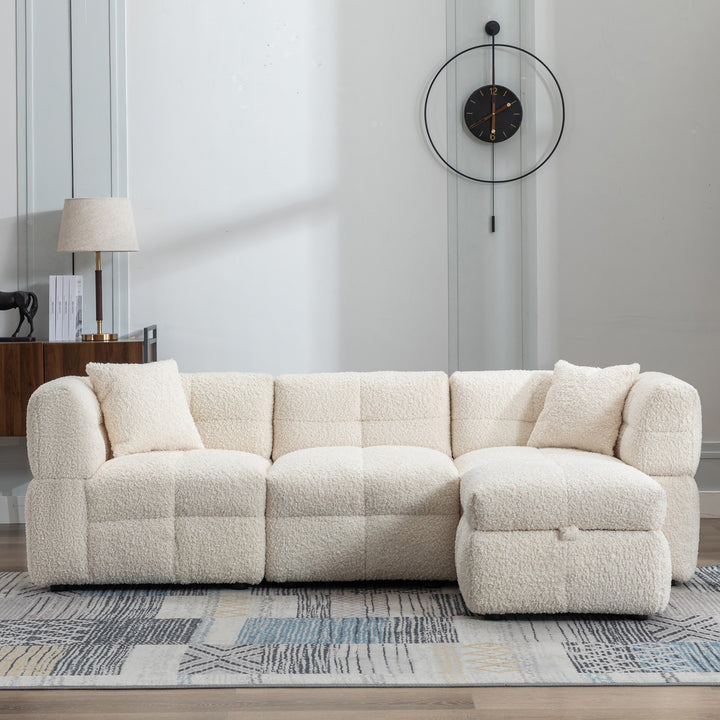 87.7" Sectional Sofa with Two USB Ports a Movable Storage Ottoman and Two Lumbar Pillows Creamy White