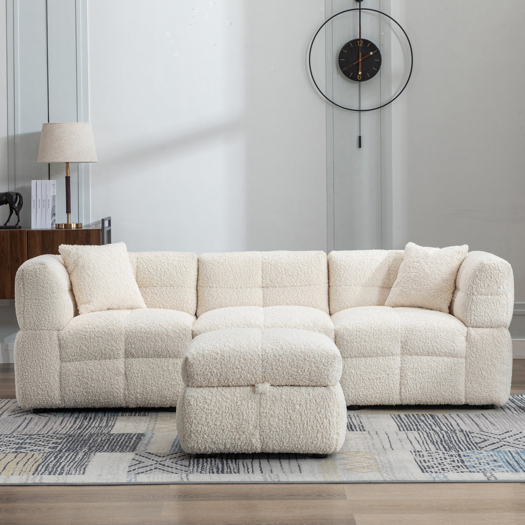 87.7" Sectional Sofa with Two USB Ports a Movable Storage Ottoman and Two Lumbar Pillows Creamy White