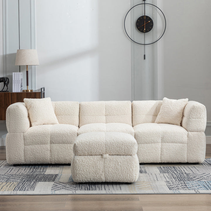 87.7" Sectional Sofa with Two USB Ports a Movable Storage Ottoman and Two Lumbar Pillows Creamy White