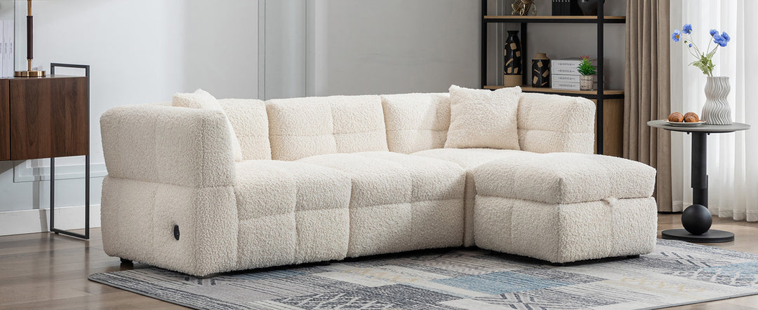 87.7" Sectional Sofa with Two USB Ports a Movable Storage Ottoman and Two Lumbar Pillows Creamy White