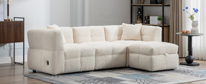 87.7" Sectional Sofa with Two USB Ports a Movable Storage Ottoman and Two Lumbar Pillows Creamy White