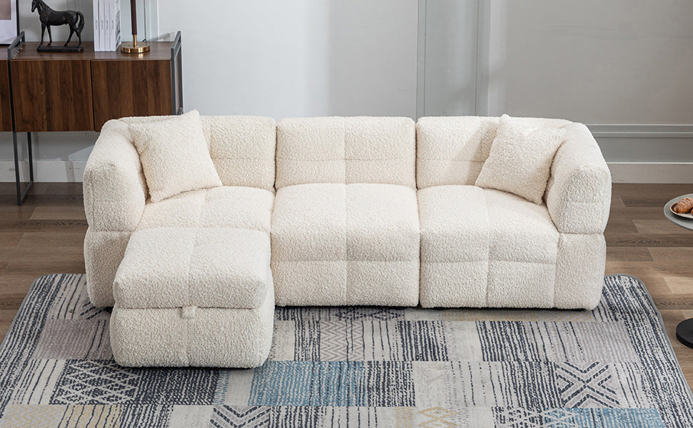 87.7" Sectional Sofa with Two USB Ports a Movable Storage Ottoman and Two Lumbar Pillows Creamy White