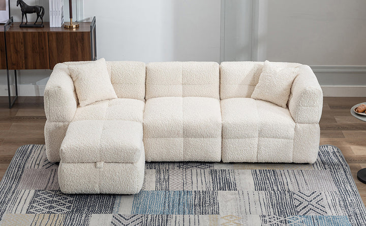 87.7" Sectional Sofa with Two USB Ports a Movable Storage Ottoman and Two Lumbar Pillows Creamy White