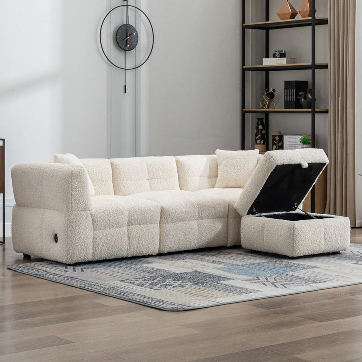 87.7" Sectional Sofa with Two USB Ports a Movable Storage Ottoman and Two Lumbar Pillows Creamy White