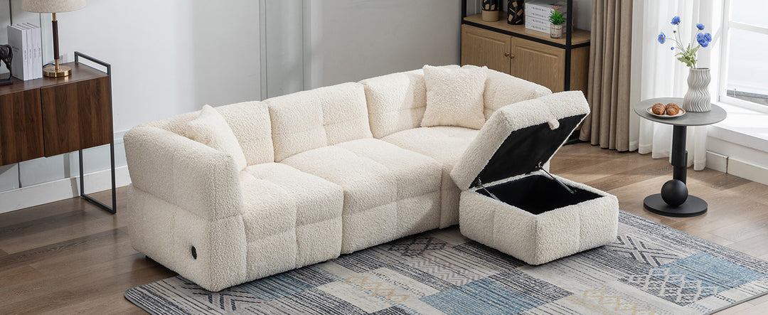 87.7" Sectional Sofa with Two USB Ports a Movable Storage Ottoman and Two Lumbar Pillows Creamy White